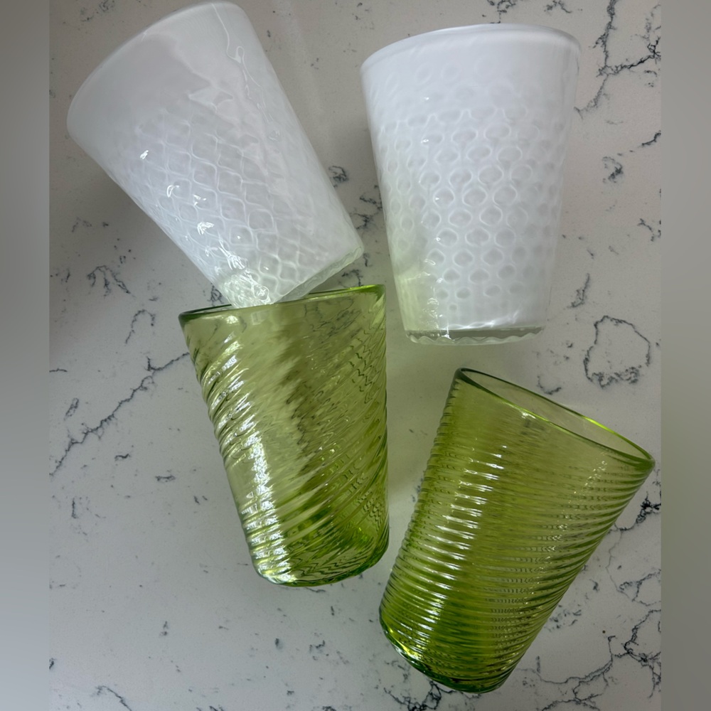 Elegant White and Green Glass Set